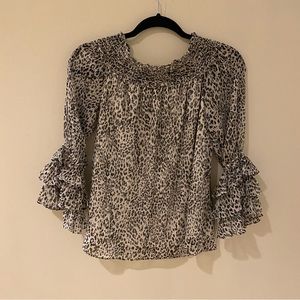 Cece Ruffle black white cheetah print blouse size S
